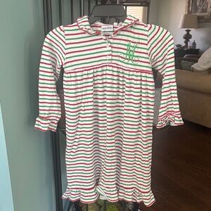 Monogrammed Girls' Holiday Stripe Knit Nightgown - White, Red & Green 6Y